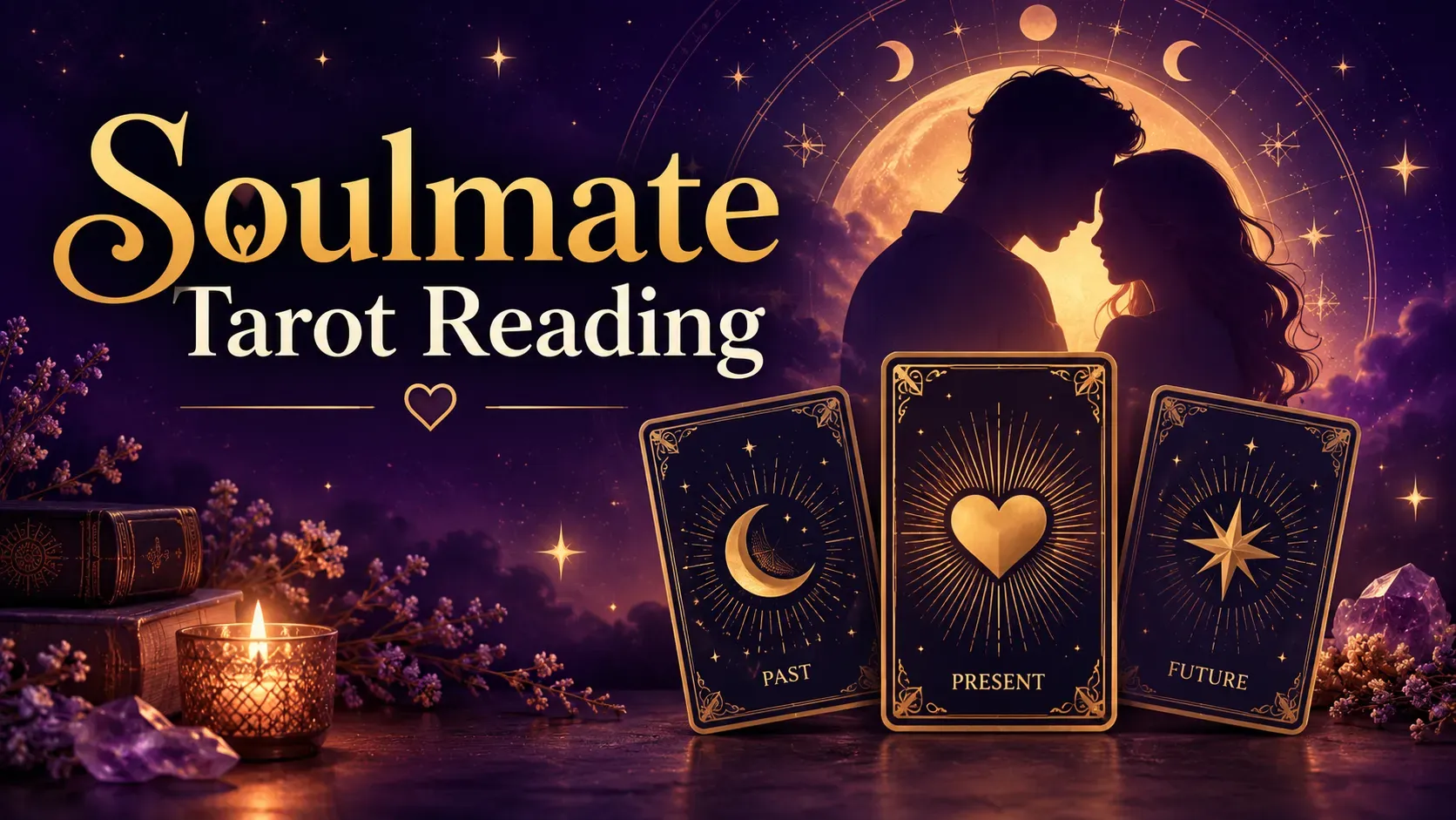 Soulmate Tarot Reading: past, present, and future love tarot cards with a couple under moonlight