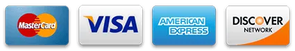 Accepted payment method icons: Mastercard, Visa, American Express, and Discover